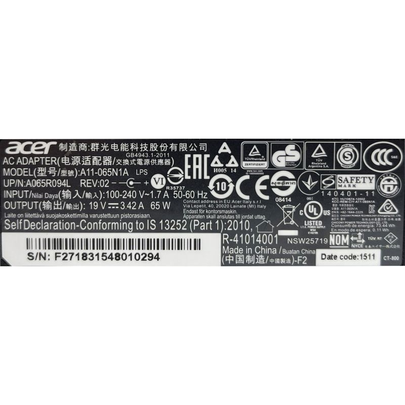Zasilacz ACER 19V 3.42A 3.0x1.1 65W