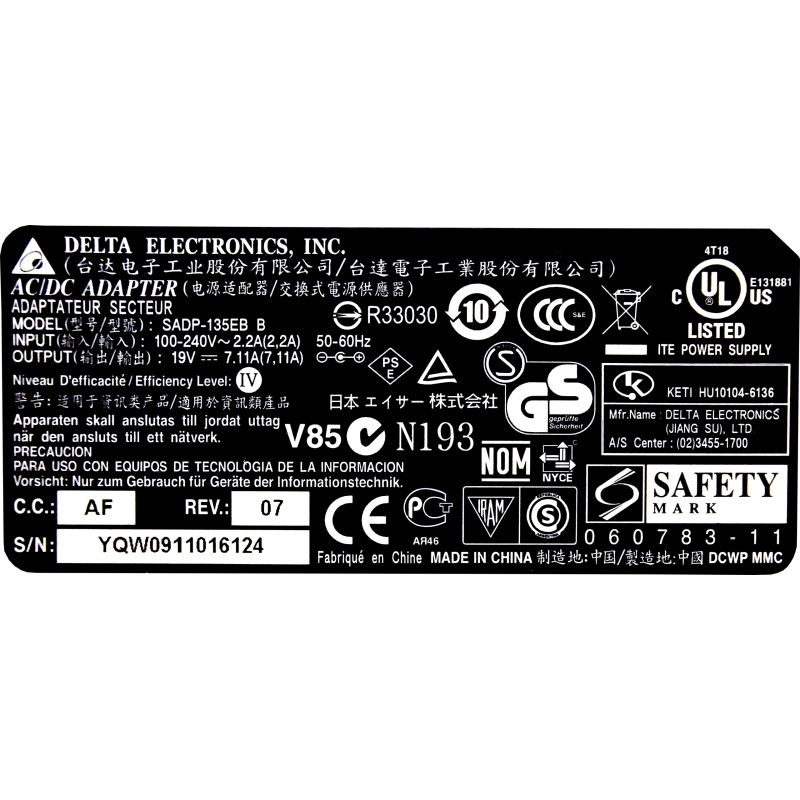 ZASILACZ ŁADOWARKA Delta ACER 135W 19V 7.1A 5.5x2.5mm
